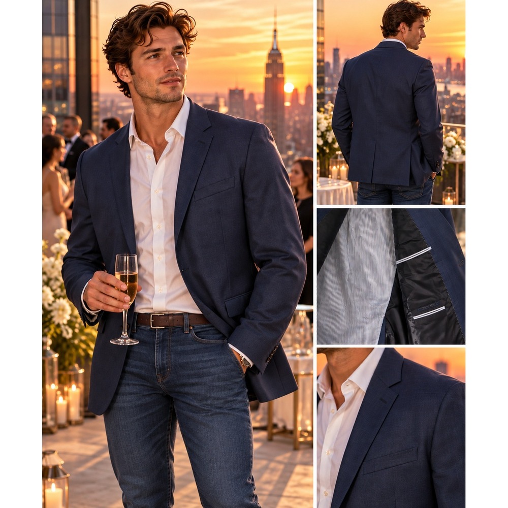 Tommy Hilfiger Blazer Size 46L Navy Blue 100% Worsted Wool 2-Button Sport Coat
